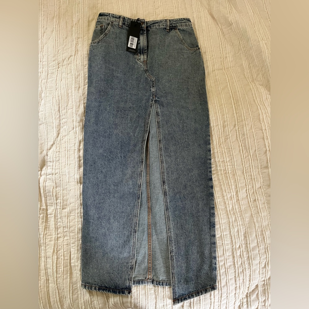 princess polly lioness barbara split front denim midi maxi skirt